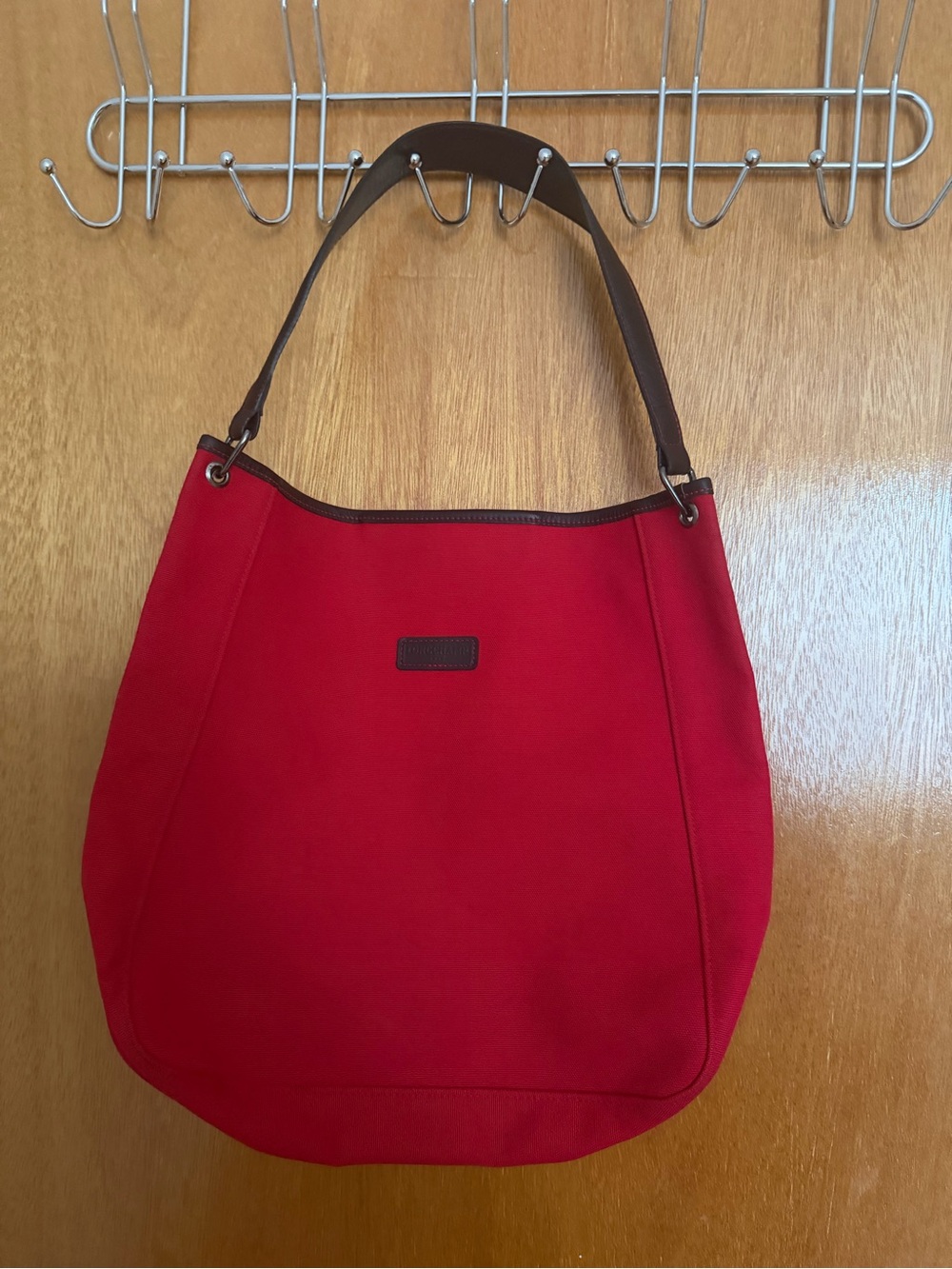 Longchamp Red Canvas Leather Trim Hobo Shoulder Bag